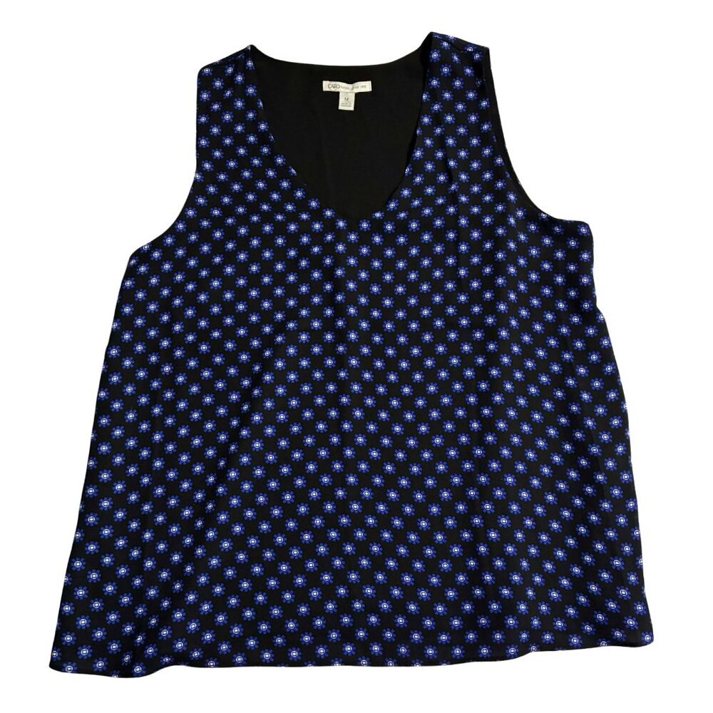 Women's Blue and White Floral Sleeveless Flowy V Neck Shirt Top Cato MEDIUM